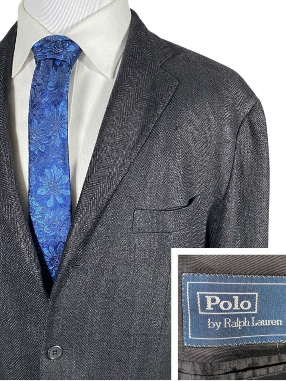 Polo Ralph Lauren Corneliani Sport Coat 44R Flax Linen Black Herringbone Italy